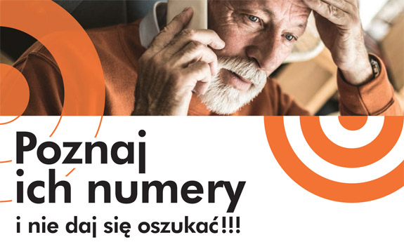 plakat kampanii, na zdjęciu starszy mężczyzna z telefonem i  napis poznaj ich numery kampania społeczna #znam te numery.
