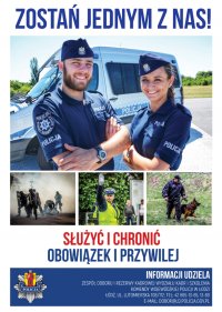 plakat z wizerunkiem policjantki policjanta z napisem Zostań Jednym z Nas.