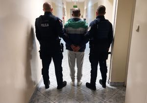 umundurowani policjanci prowadzą zatrzymanego.