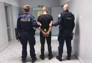 POLICJANCI PROWADZĄ ZATRZYMANEGO.