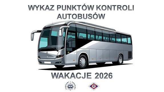 autokar i napis Wykaz punktów kontroli autobusów - Wakacje 2026.