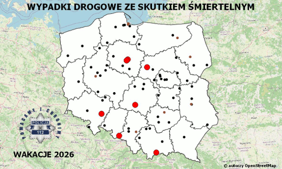 mapa wypadków drogowych ze skutkiem śmiertelnym.